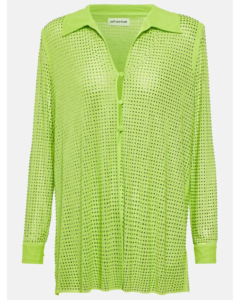 Self-Portrait Camicia in mesh con cristalli Verde