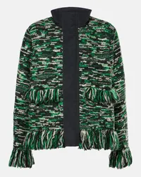 Sacai Giacca in tweed di misto lana con frange Verde