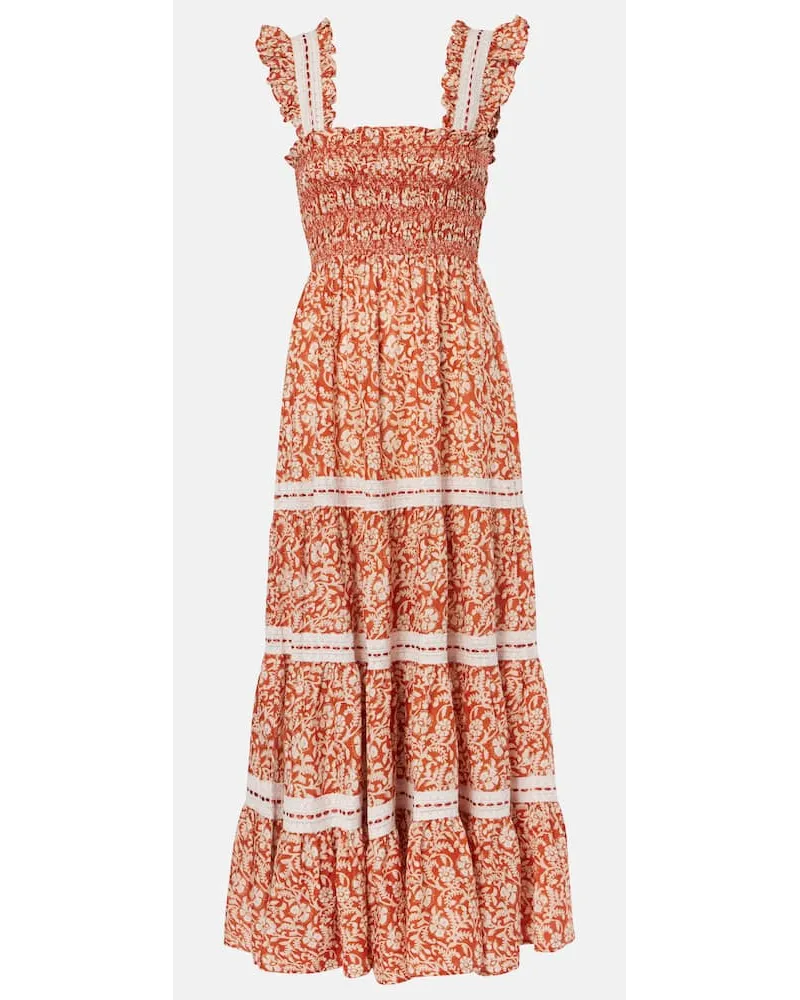 RIXO Abito midi Aubrie in cotone con stampa floreale Rosso