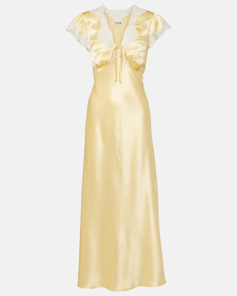 RIXO Abito midi in raso con pizzo Giallo
