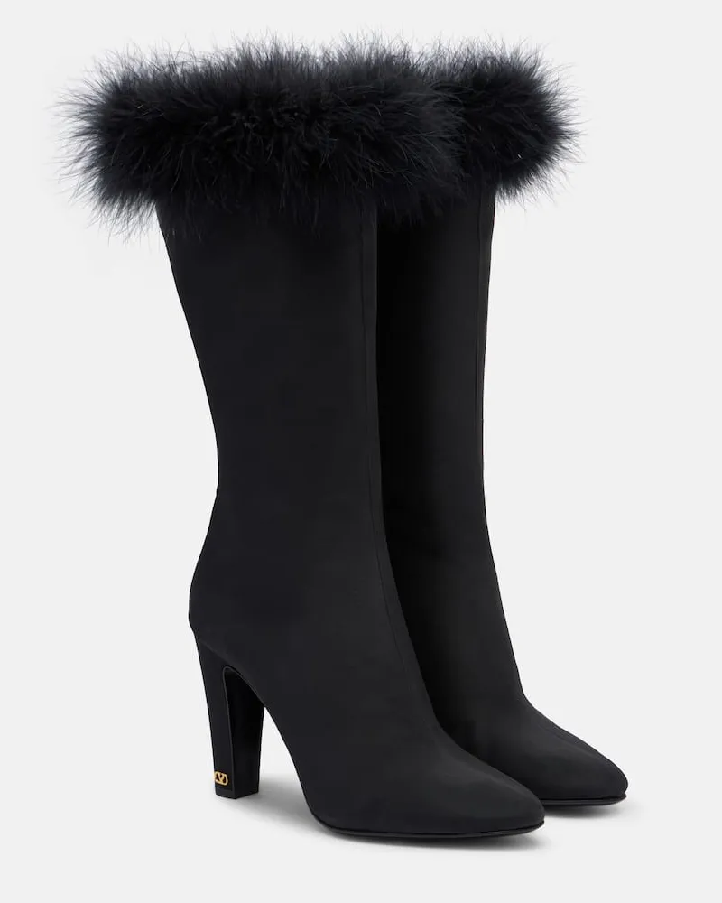 Valentino Garavani Stivali Hotty in raso con piume Nero
