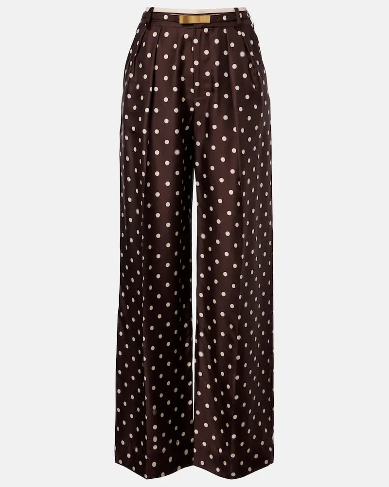 Zimmermann Pantaloni a gamba larga in raso di seta a pois Marrone