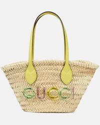 Gucci Shopper Small in rafia con logo Beige