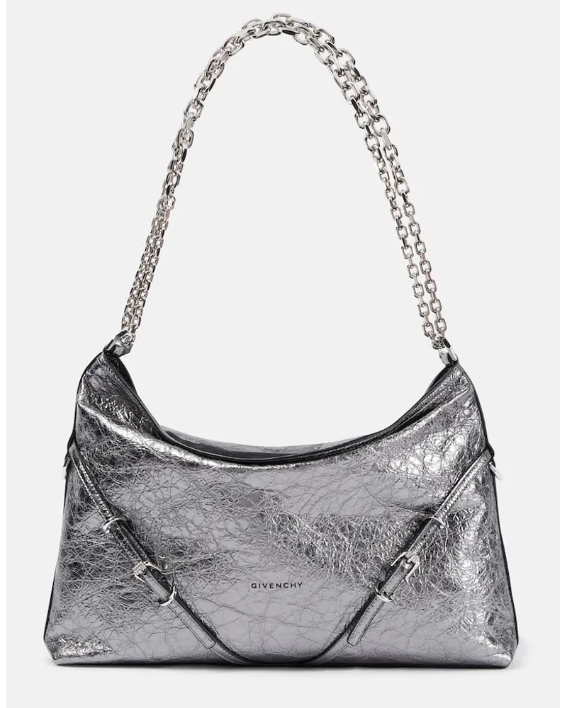 Givenchy Borsa a spalla Voyou Chain Medium in pelle metallizzata Argento