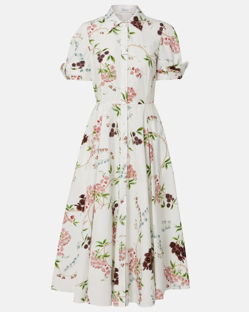 Erdem Abito chemisier in cotone con stampa floreale Bianco