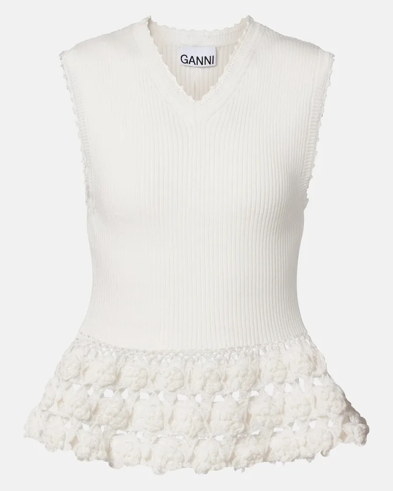 Ganni Top in misto cotone a coste con crochet Bianco