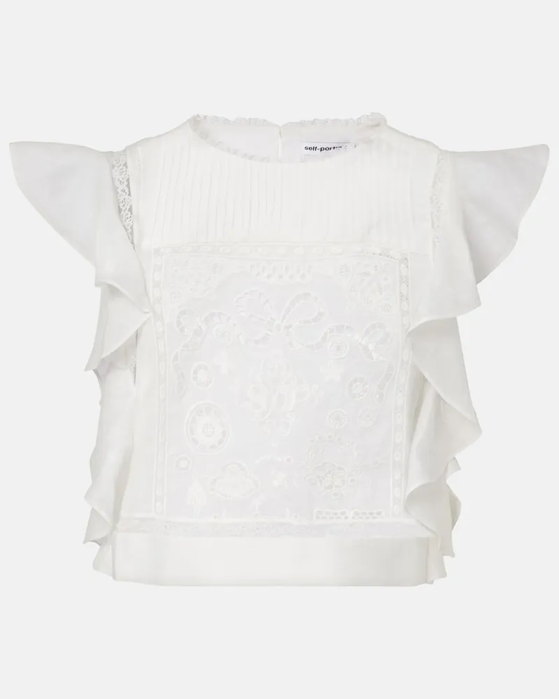Self-Portrait Top con ricamo e volant Bianco