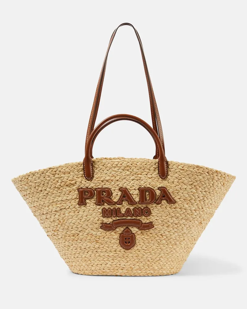 Prada Shopper in rafia con pelle Beige