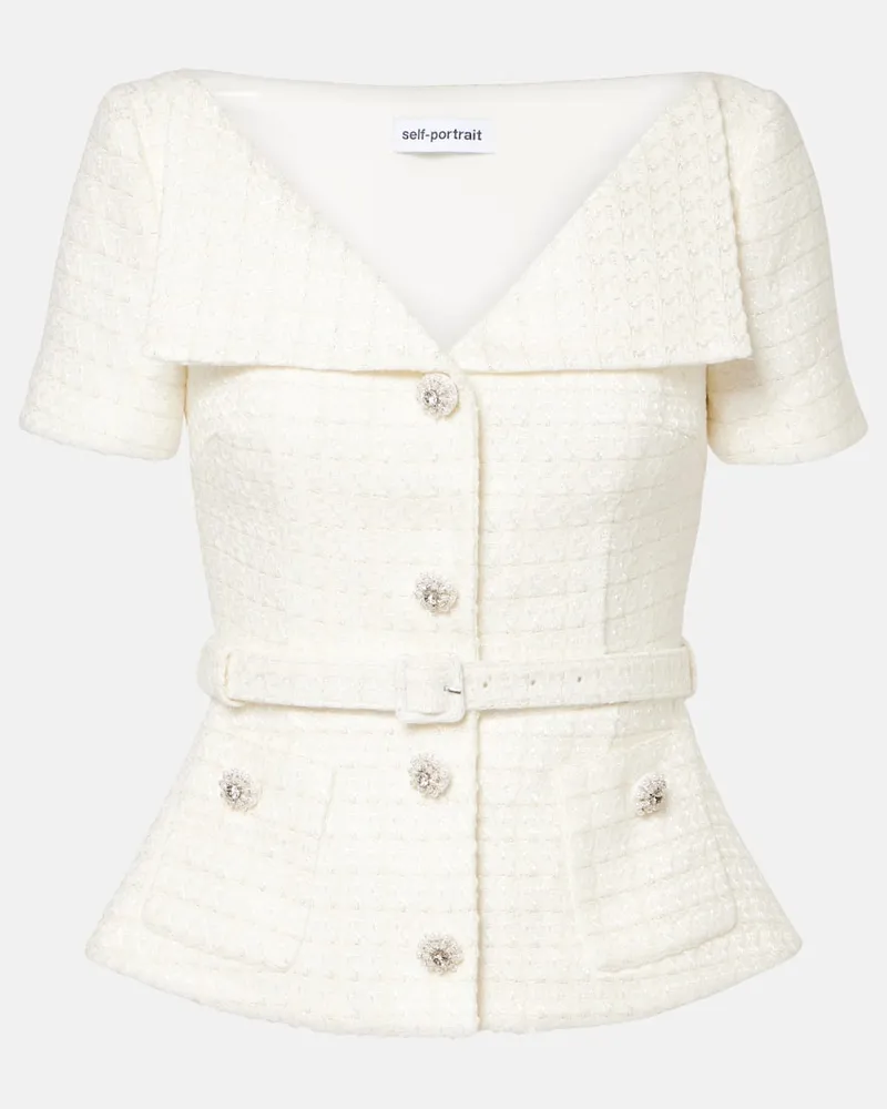Self-Portrait Top in tweed con cintura Bianco