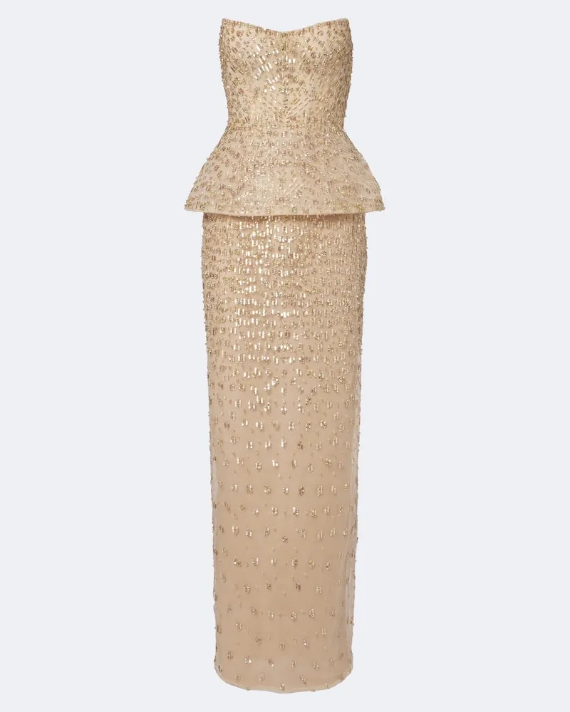 Monique Lhuillier Abito lungo con paillettes Beige