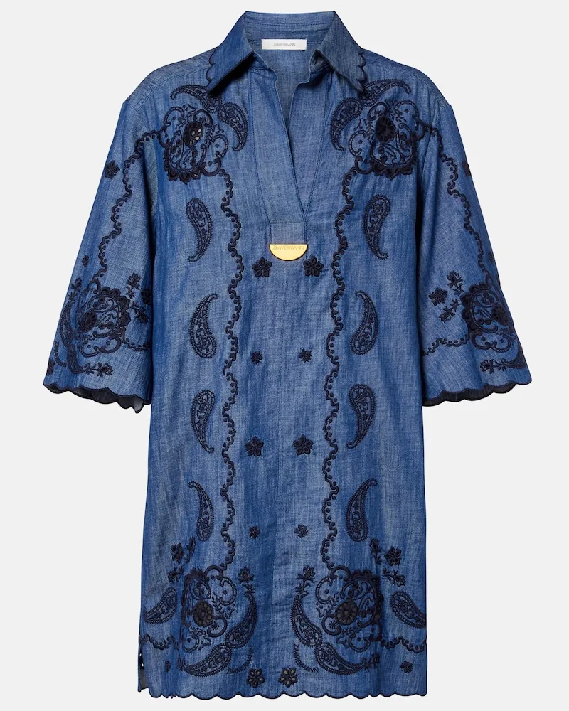 Zimmermann Abito corto in chambray di cotone con ricamo Blu
