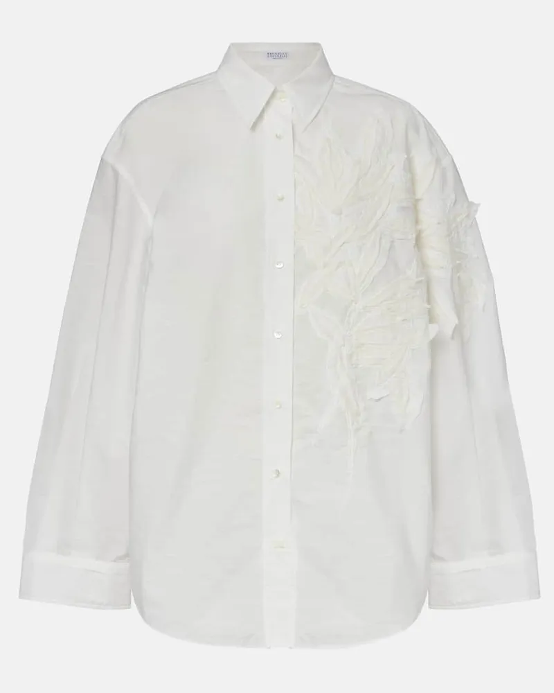 Brunello Cucinelli Camicia in popeline di misto cotone con ricamo Beige
