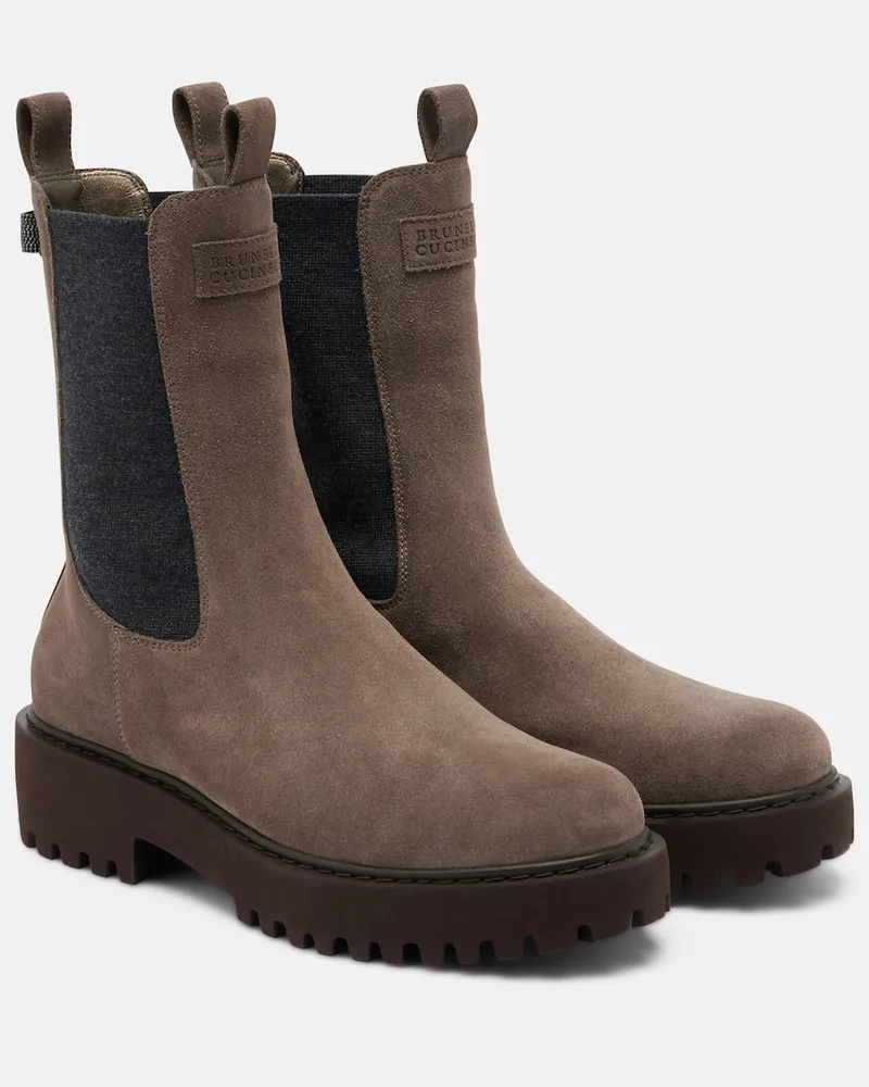 Brunello Cucinelli Stivaletti Chelsea in suede con monili Marrone