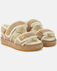 Tory Burch Sandali Kira in suede e pelliccia sintetica Beige