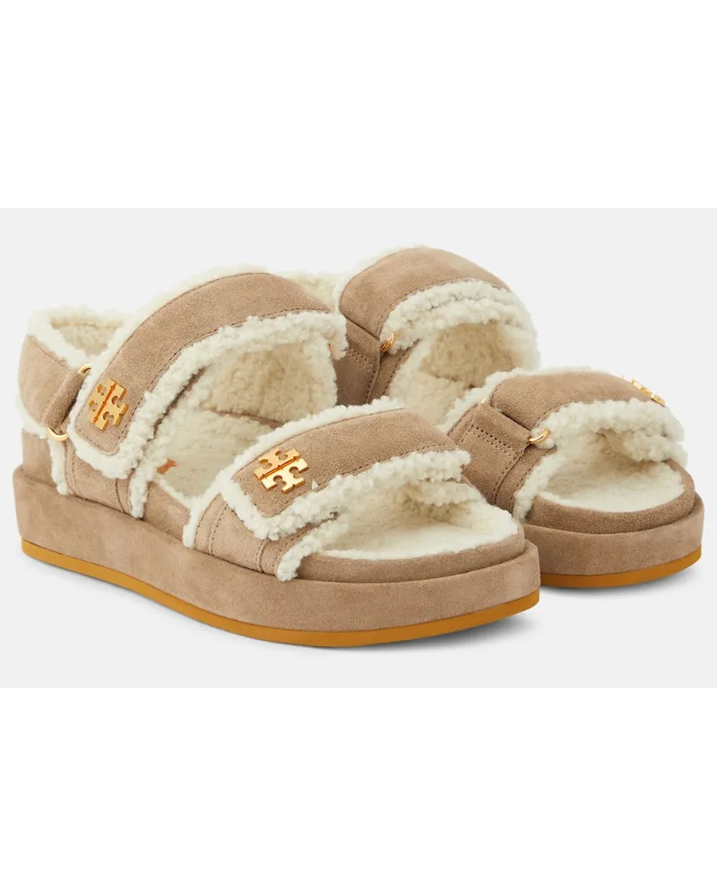 Tory Burch Sandali Kira in suede e pelliccia sintetica Beige