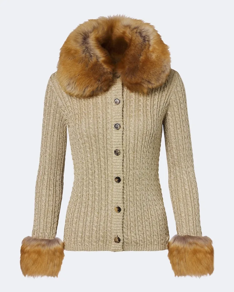 Saint Laurent Cardigan in maglia a trecce con shearling Oro