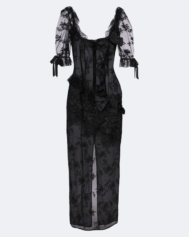 Alessandra Rich Abito midi in pizzo misto cotone con fiocco Nero