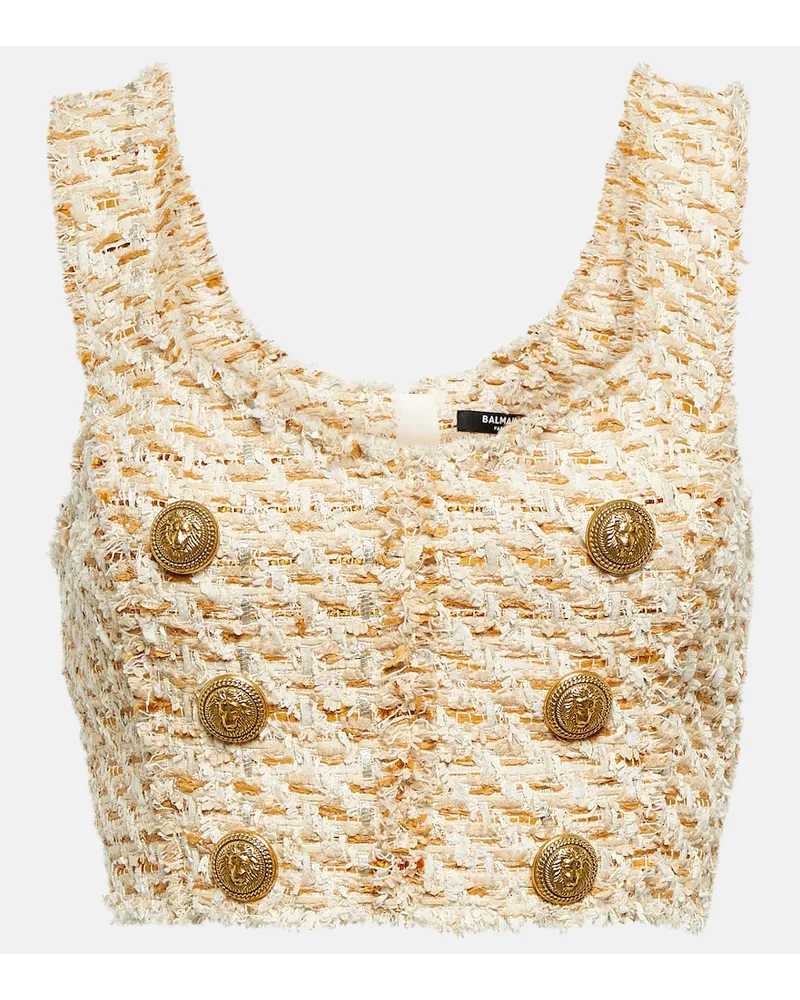 Balmain Top cropped in tweed di misto cotone Beige