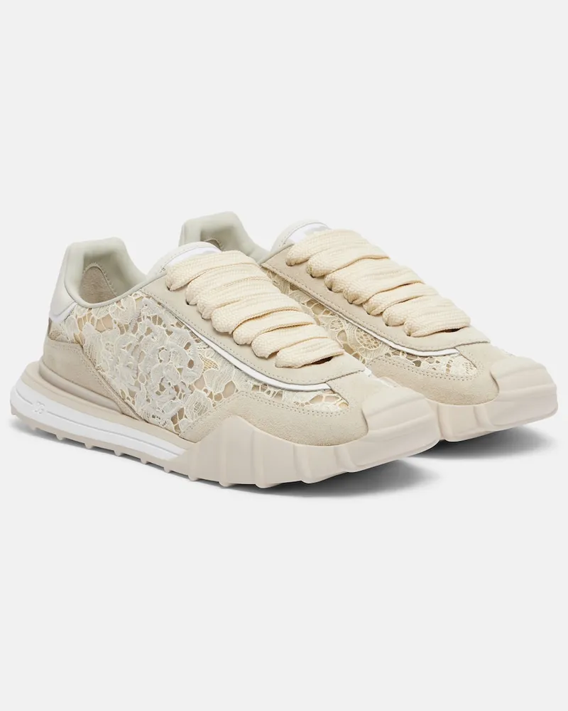 Dolce & Gabbana Sneakers Runner in pizzo con suede Beige