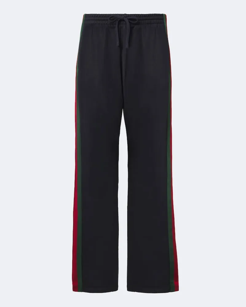 Gucci Pantaloni Web Stripe in seta e cotone Blu