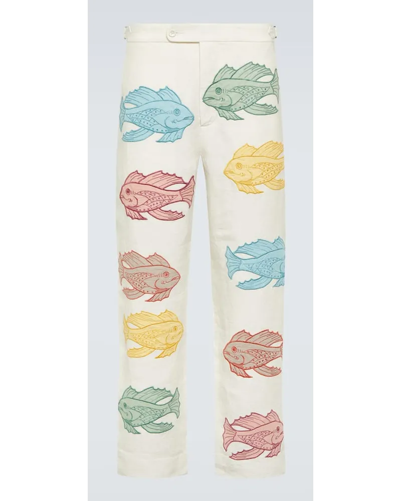 BODE Pantaloni regular Piscine in lino con ricamo Bianco