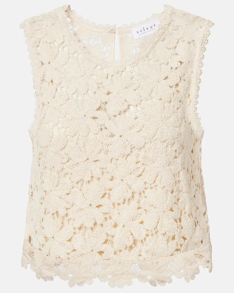 Velvet Top Simona in misto cotone e pizzo guipure Beige