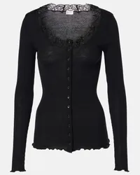 Saint Laurent Cardigan in lana e seta con pizzo Nero