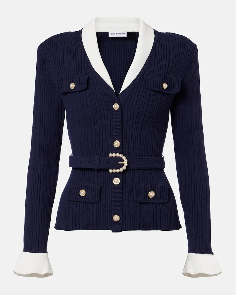 Self-Portrait Cardigan in maglia a coste con cintura Blu