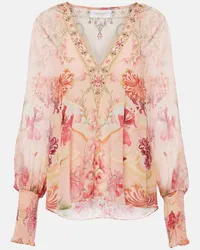 Camilla Blusa Blossoms and Brushstrokes in seta Multicolore