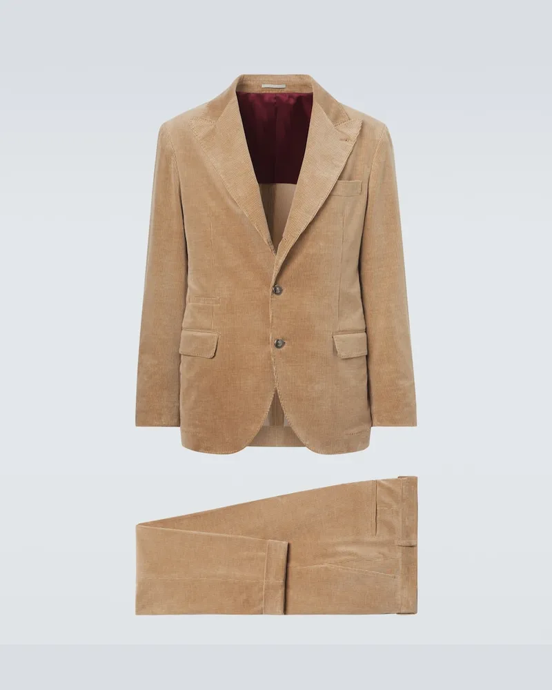 Brunello Cucinelli Abito in velluto di cotone e cashmere a coste Beige