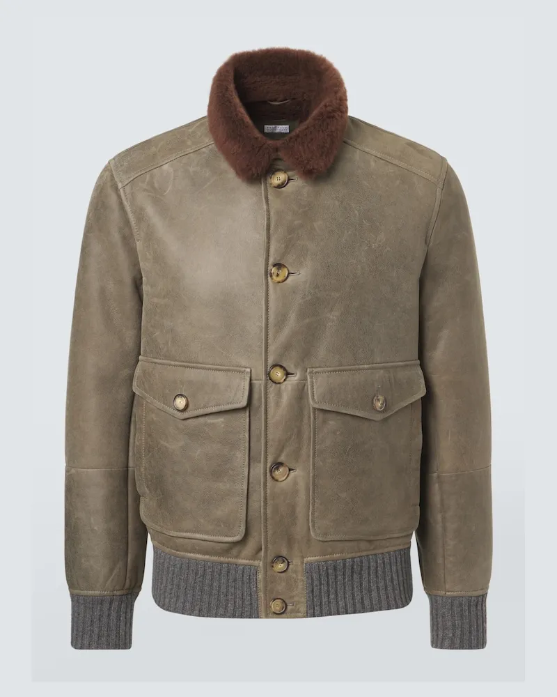Brunello Cucinelli Giacca blouson in pelle con shearling Verde