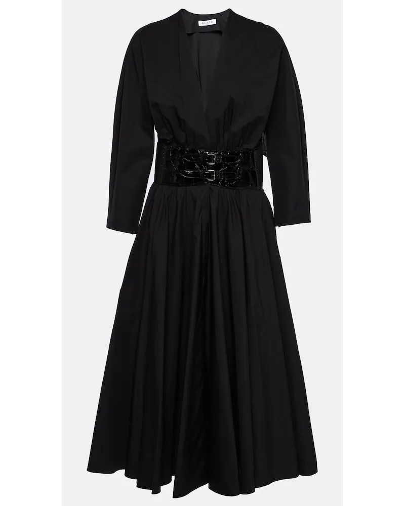 Alaïa AlaÃ¯a Abito midi in cotone con pelle Nero