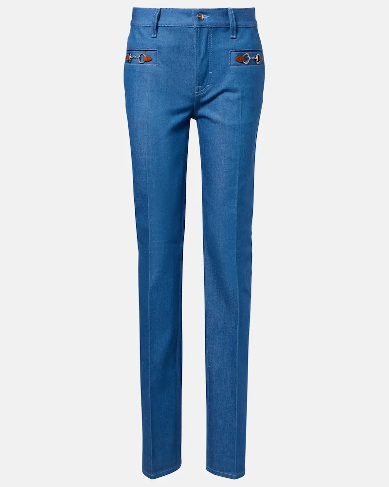Gucci Pantaloni slim Horsebit in chambray di cotone Blu
