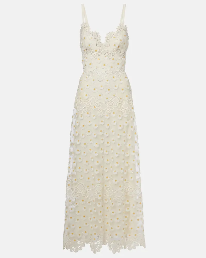 Elie Saab Abito lungo in pizzo e tulle con ricamo Bianco