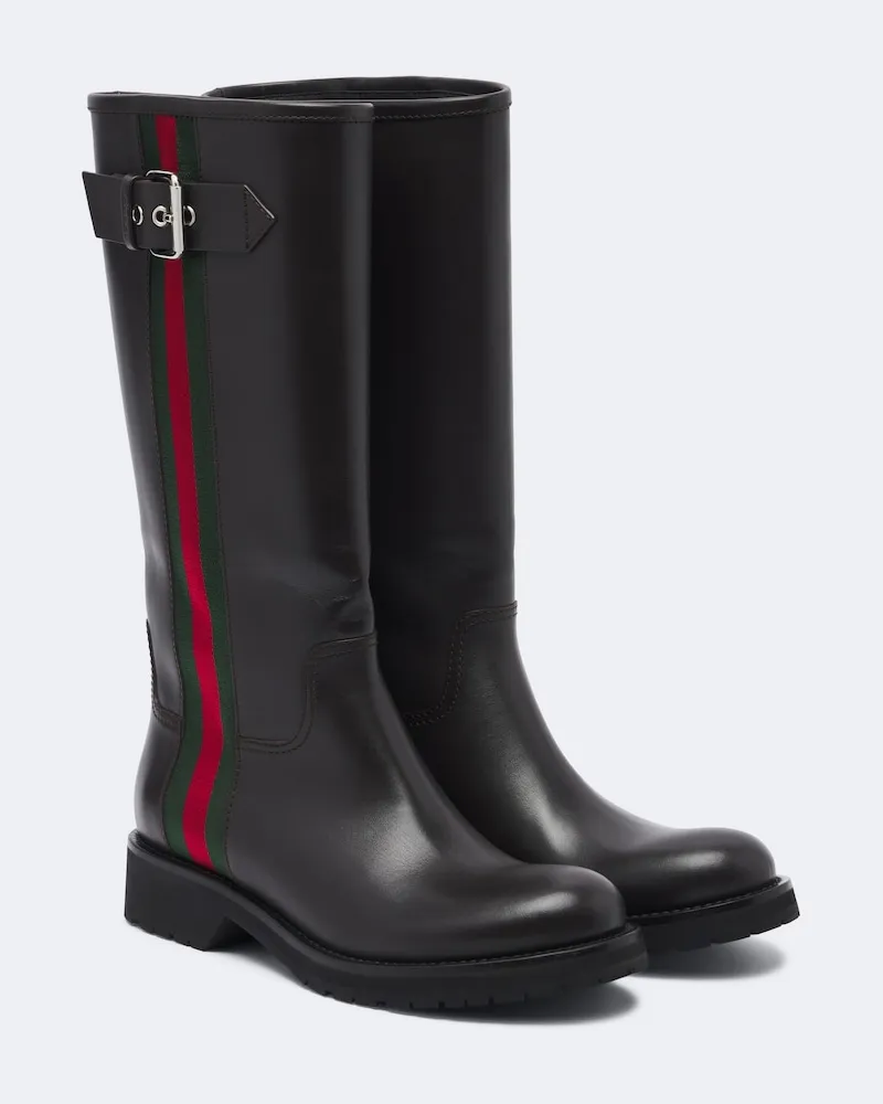 Gucci Stivali biker Web Stripe in pelle Marrone