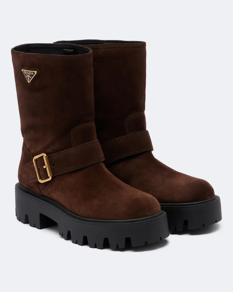 Prada Stivali biker in suede con logo Marrone