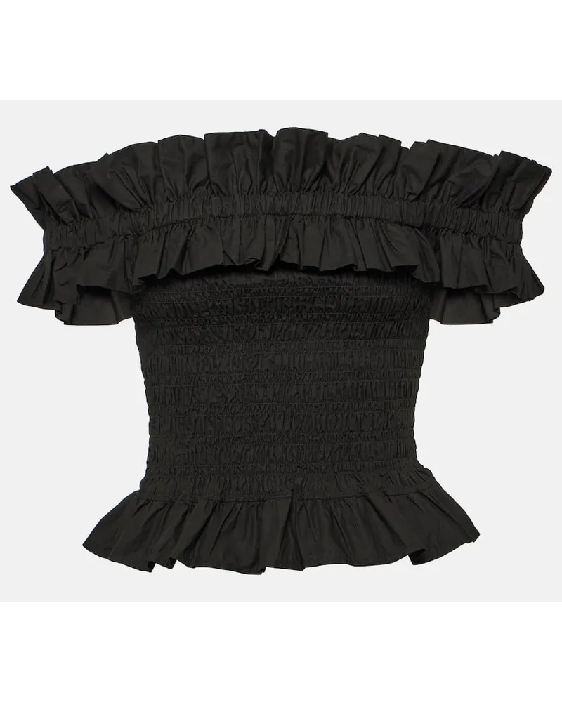 Ganni Top in popeline di cotone con scollo bardot Nero