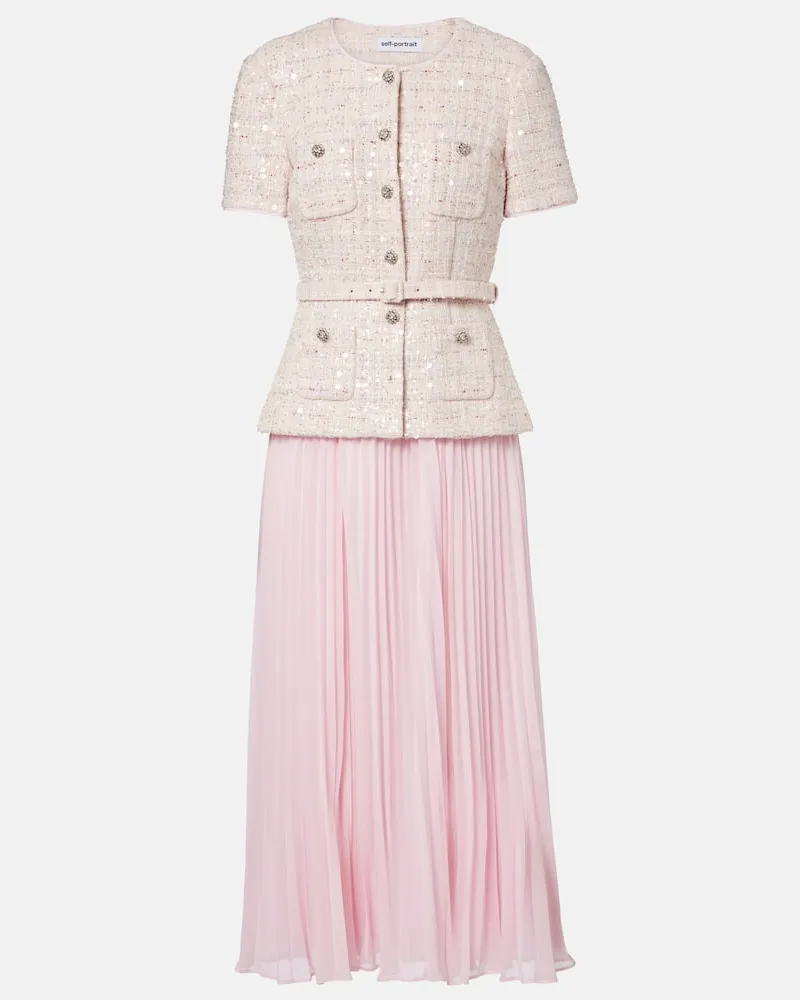 Self-Portrait Abito midi con paillettes e cristalli Rosa