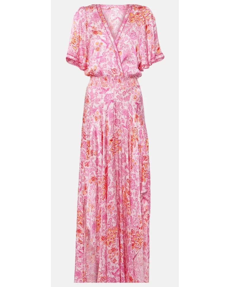 Poupette St Barth Abito lungo Mabelle in raso con stampa Rosa