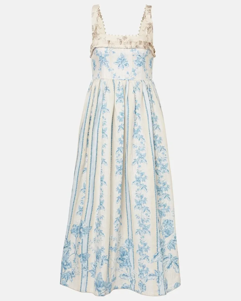 AGUA BENDITA Abito midi Barbara in lino a fiori Blu