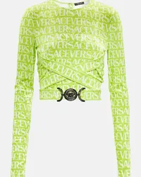 Versace Top cropped Medusa Biggie in velluto con logo Verde