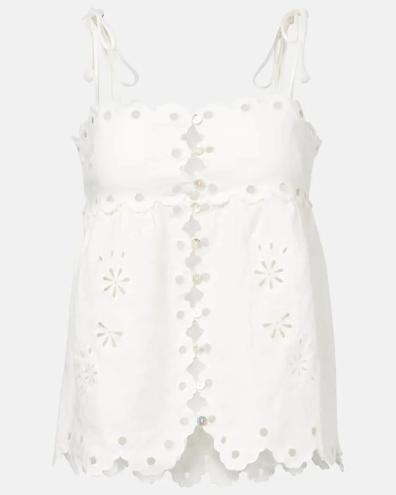 FARM Rio Top in lino con cut-out ricamato Bianco