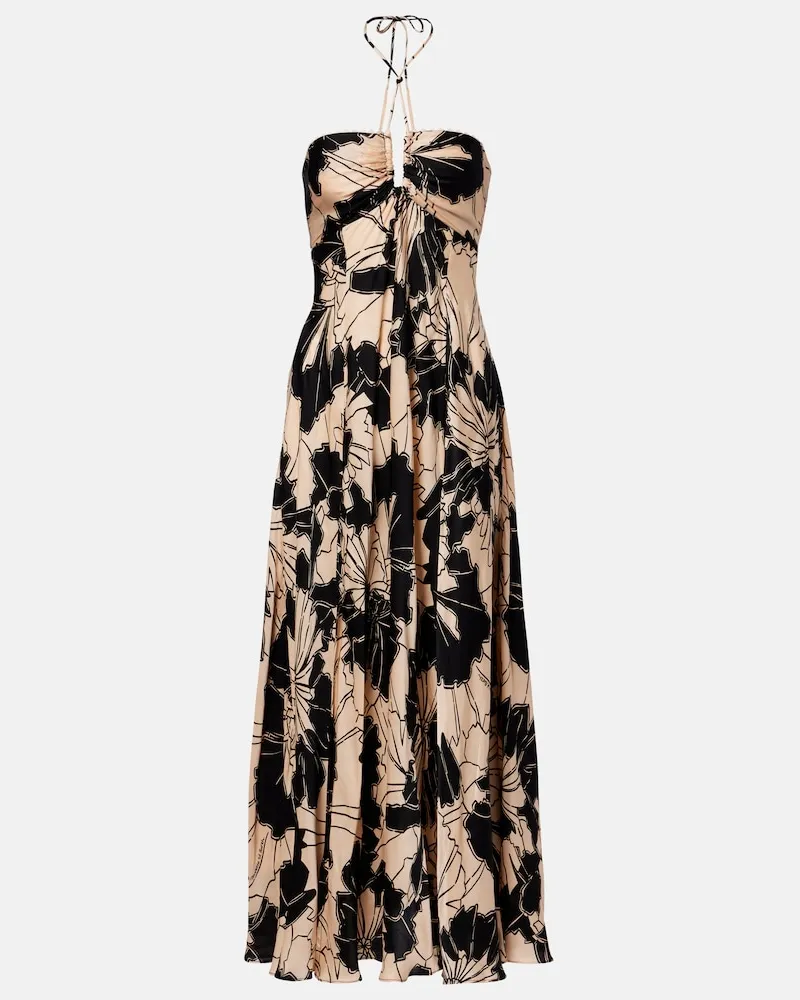 Poupette St Barth Abito lungo Carla in seta con stampa Nero