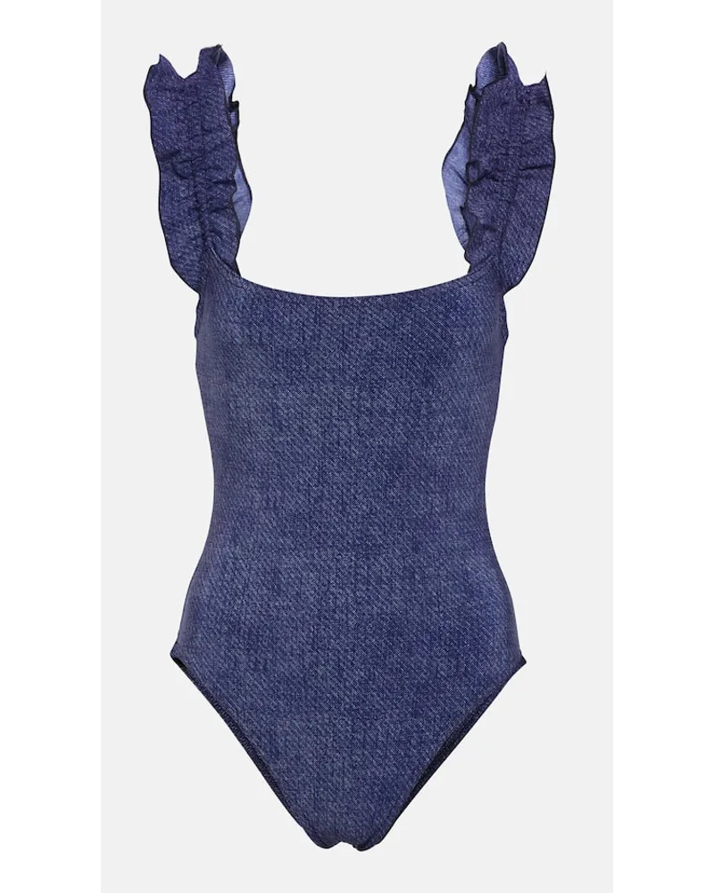 Karla Colletto Costume intero Nori in denim con ruches Blu