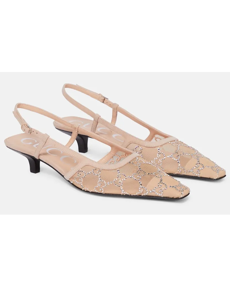 Gucci Pumps slingback in mesh GG con cristalli Beige