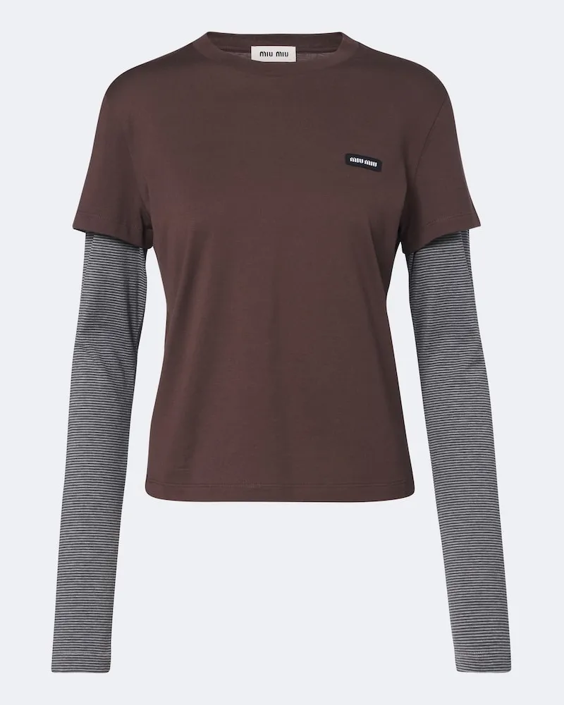 Miu Miu T-shirt in jersey di cotone Marrone