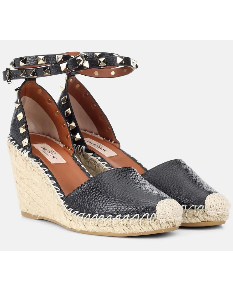 Valentino Garavani Espadrillas Rockstud Double in pelle con zeppa Nero