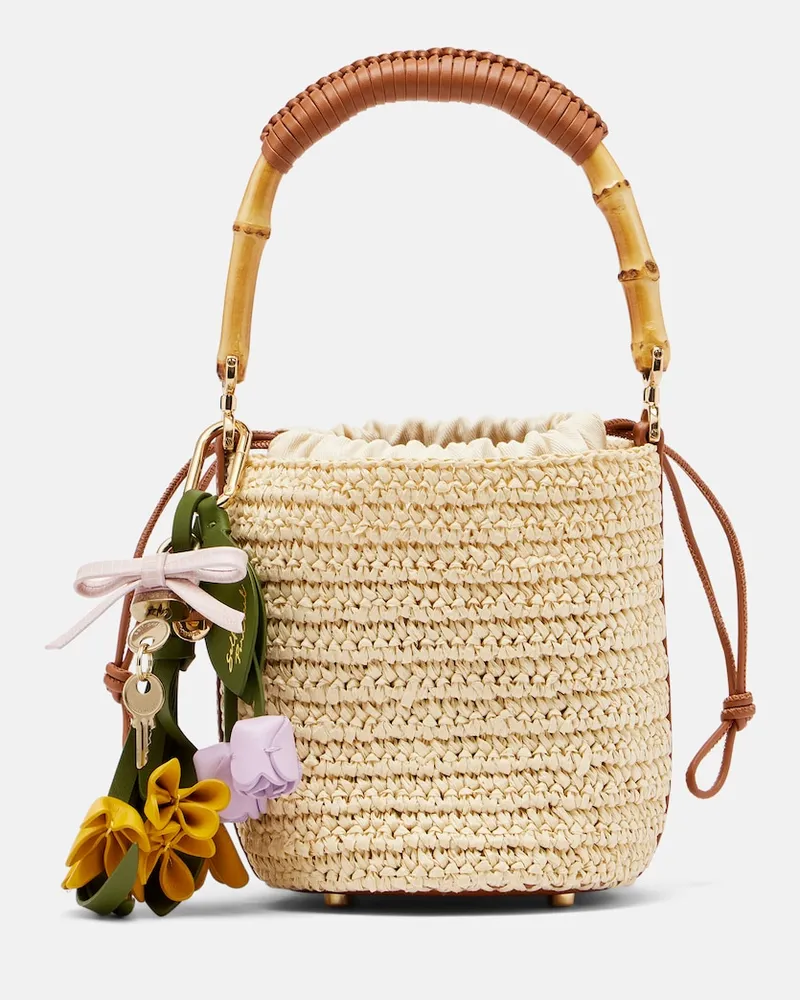 Self-Portrait Borsa a secchiello Small in rafia Beige