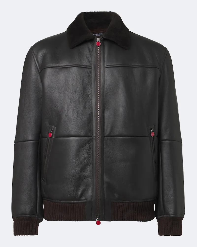 Kiton Giacca bomber in pelle con shearling Marrone