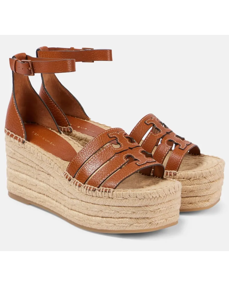 Tory Burch Sandali espadrillas Ines in pelle con zeppa Marrone